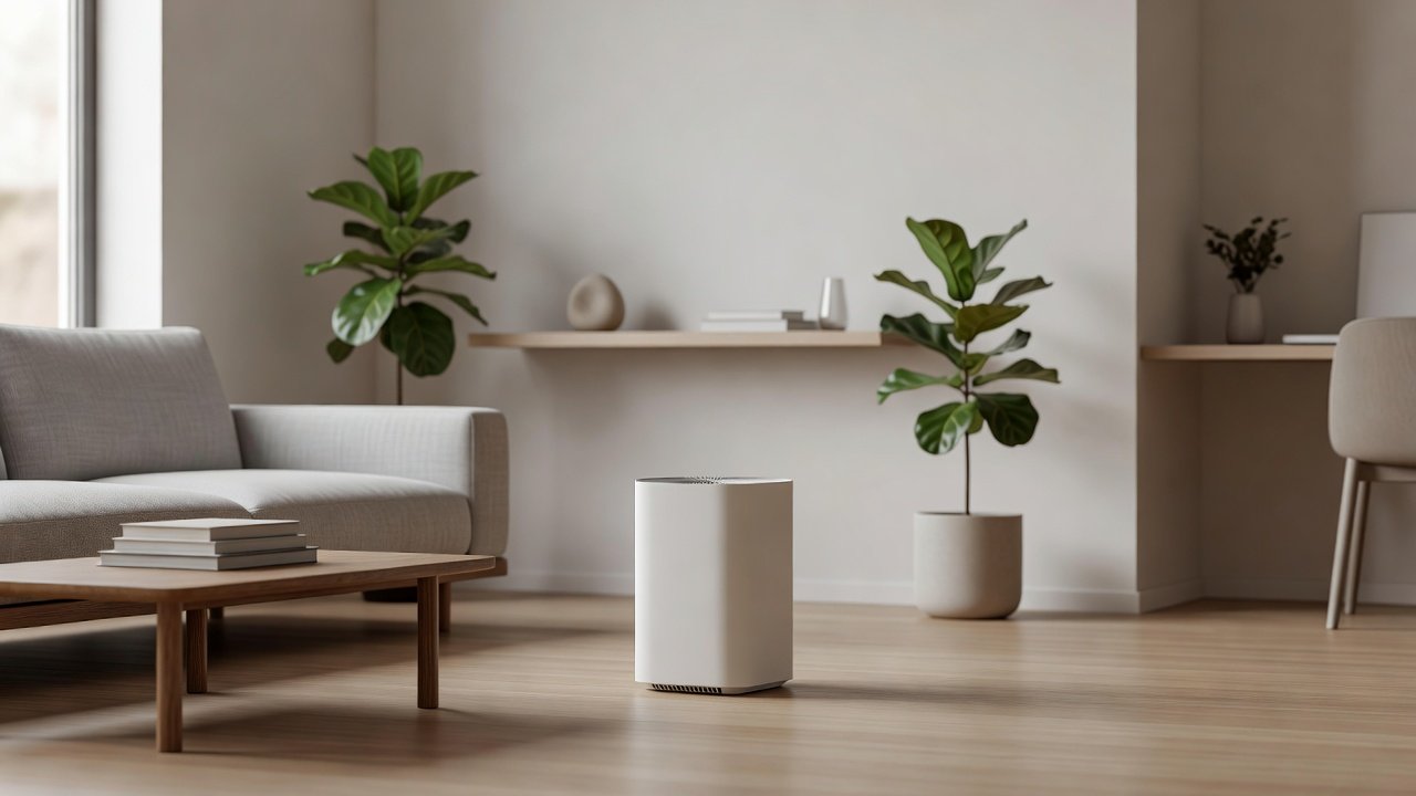Air purifier in a home interior, air purifier airflow direction guide