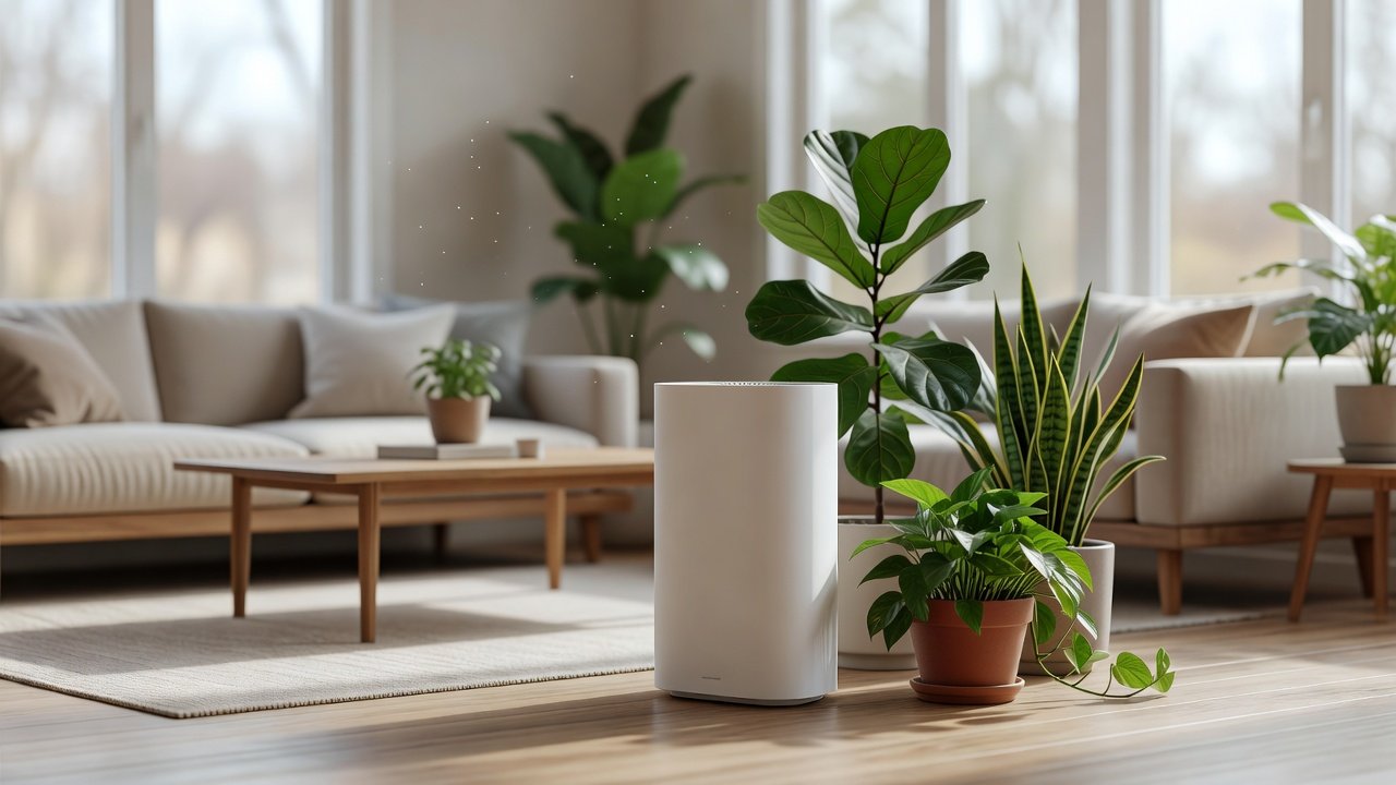 Photo of an air purifier beside green houseplants in a bright sunroom
