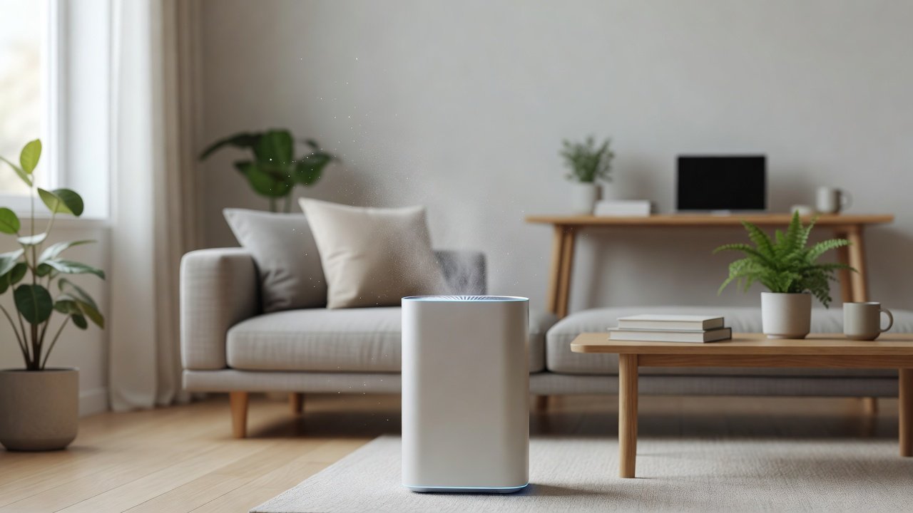 Air purifier in a home interior, air purifier blowing out dust