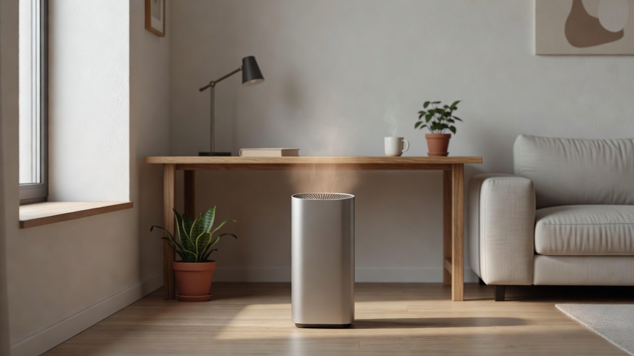 Air purifier in a home interior, air purifier blowing out warm air