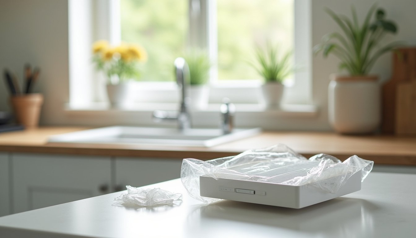 A new air purifier filter unwrapped on a kitchen counter beside an open window