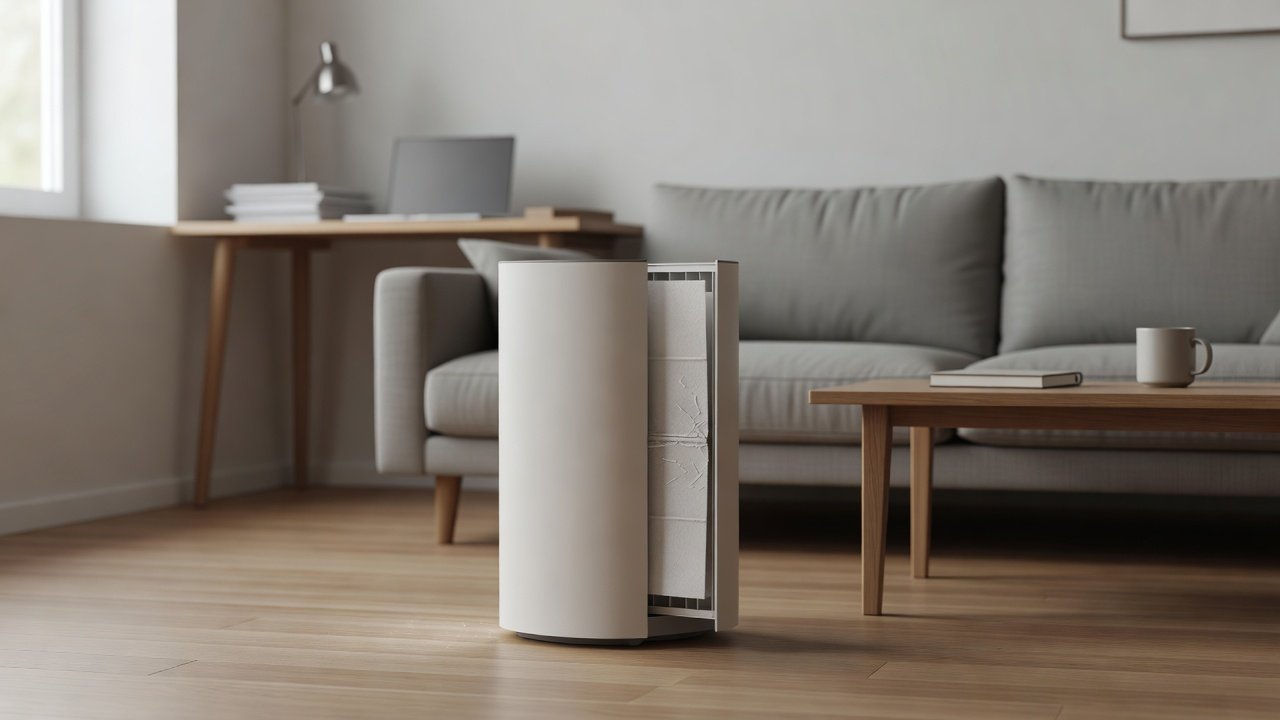 Air purifier in a home interior, air purifier filter hard to remove