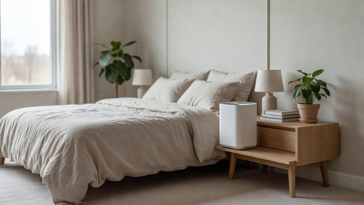 Photo of a mid-size air purifier in a medium bedroom with a bed and window