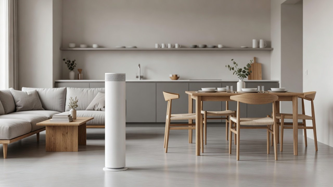 Photo of a tall air purifier in a spacious open-plan apartment