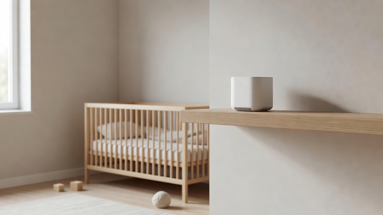 Photo of a small air purifier on a high shelf in a calm nursery with a crib