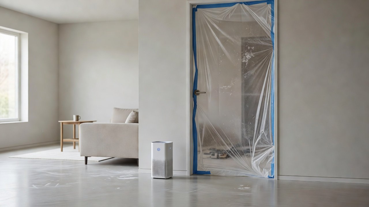 Photo of an air purifier in a clean room beside a doorway sealed with plastic sheeting