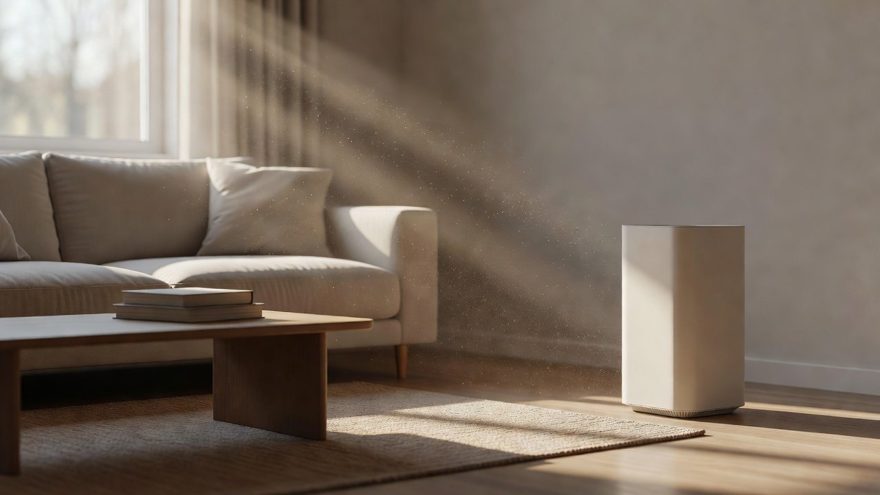 Photo of an air purifier in a living room with sunbeams showing dust in the air