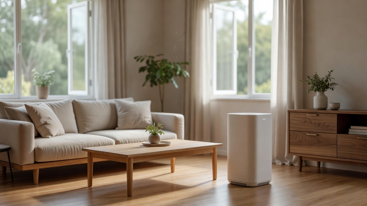 Photo of a large air purifier in a newly renovated living room with open windows
