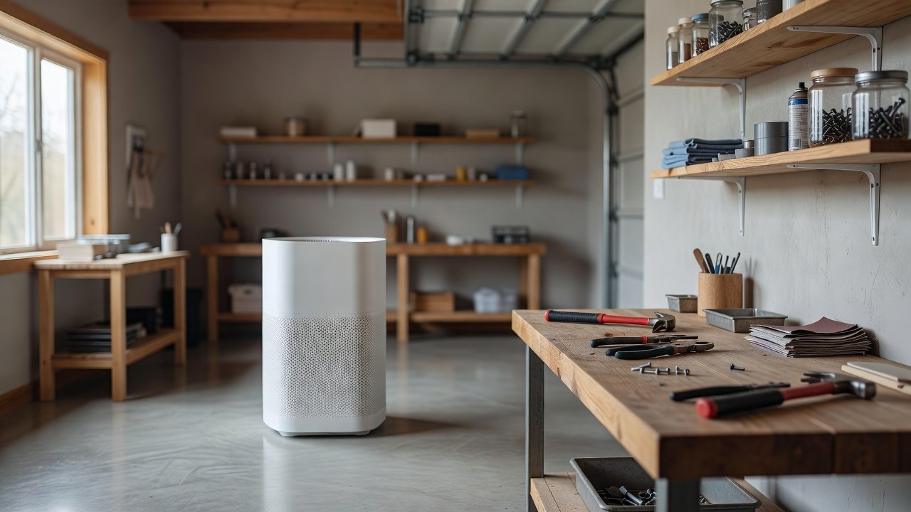 Photo of a large air purifier in a tidy home garage workshop