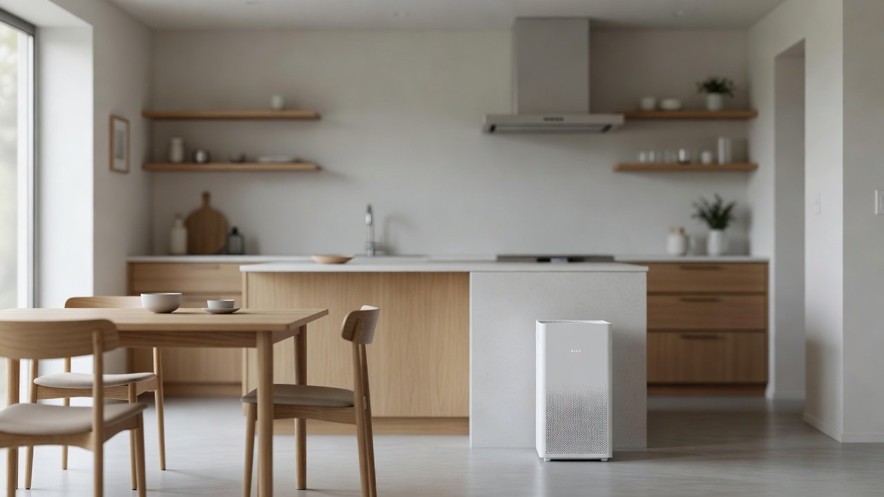 Photo of an air purifier in an open modern kitchen and dining area