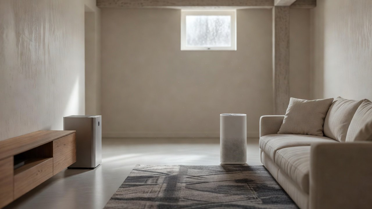 Photo of an air purifier and a dehumidifier in a bright finished basement