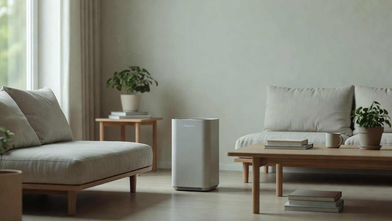 Air purifier in a home interior, air purifier keeps changing fan speed automatically
