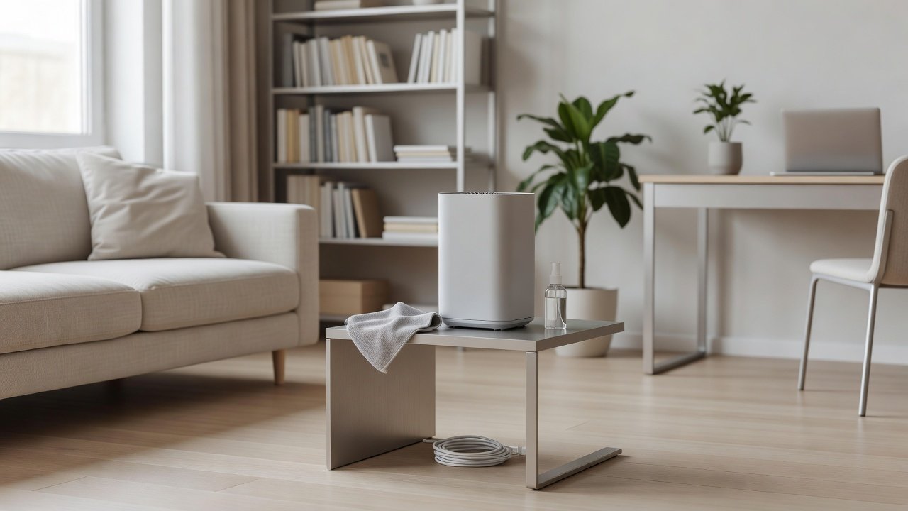 Air purifier in a home interior, air purifier maintenance checklist
