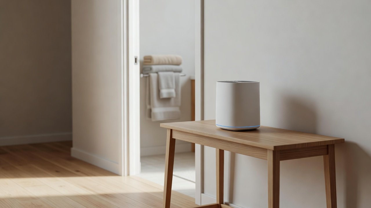 Photo of a compact air purifier in a hallway outside a bright bathroom