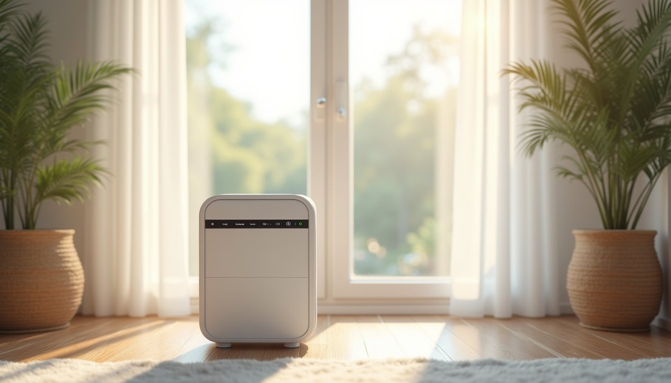A white air purifier on a living room floor beside an open window with sheer curtains