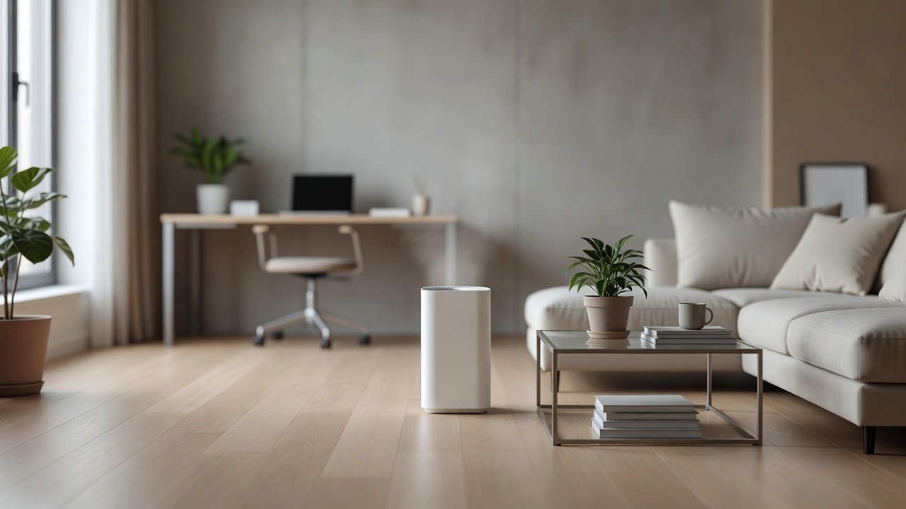 Air purifier in a home interior, air purifier smells like exhaust fumes