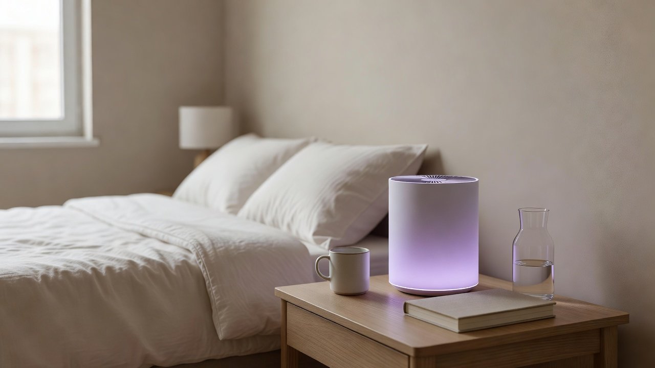Photo of a modern air purifier with a soft violet accent light on a bedside table