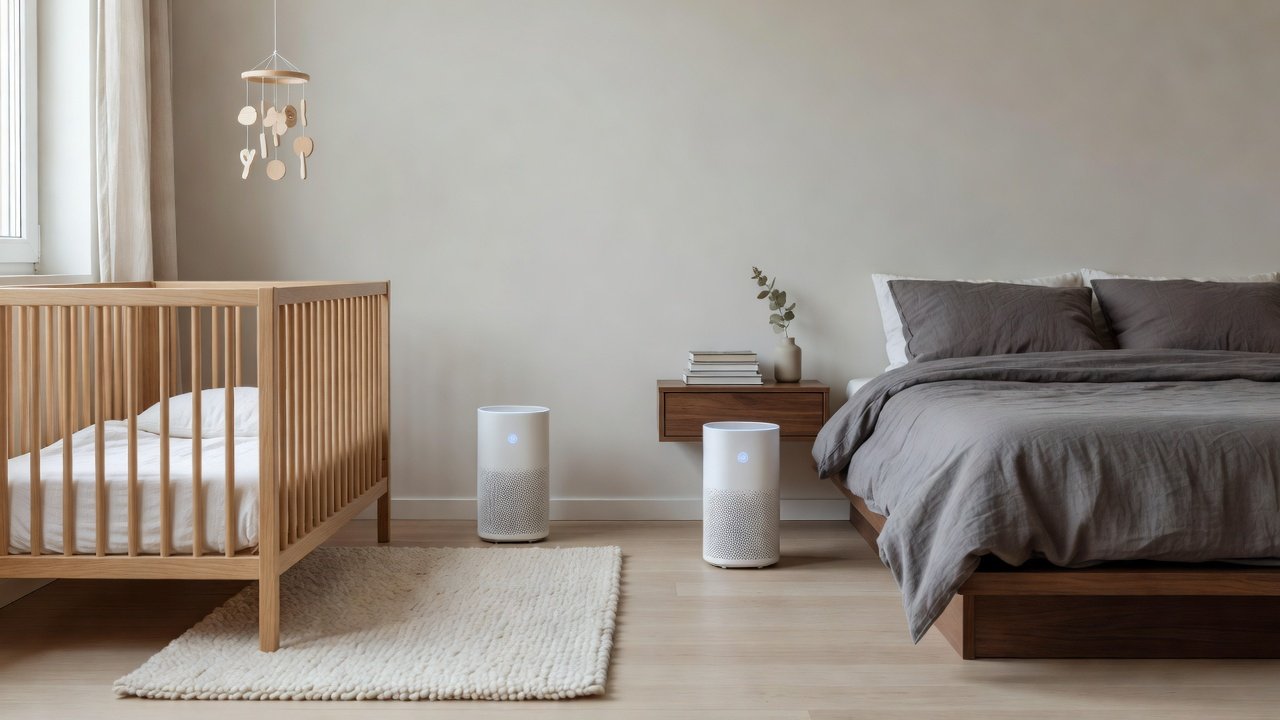 Air purifier in a home interior, air purifiers for baby nurseries compared with adult bedrooms
