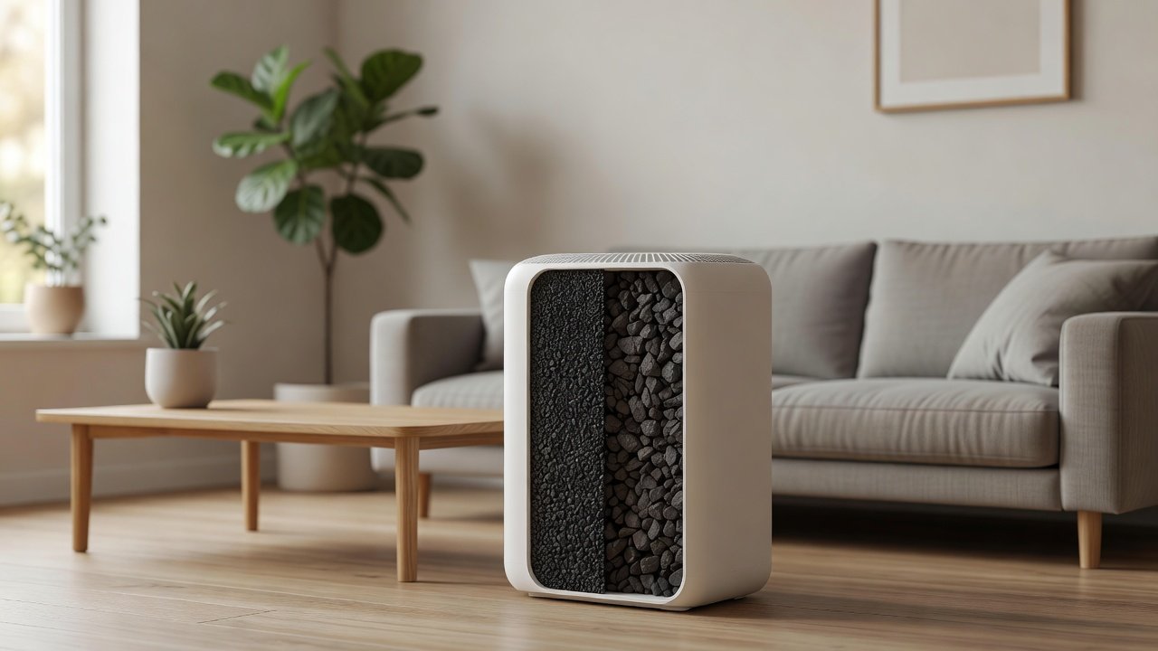 Air purifier in a home interior, air purifiers with activated carbon filters compared with charcoal filters
