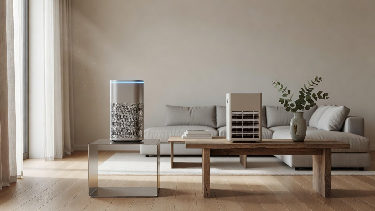 Photo of an air purifier with a sensor light and a basic air purifier in a living room
