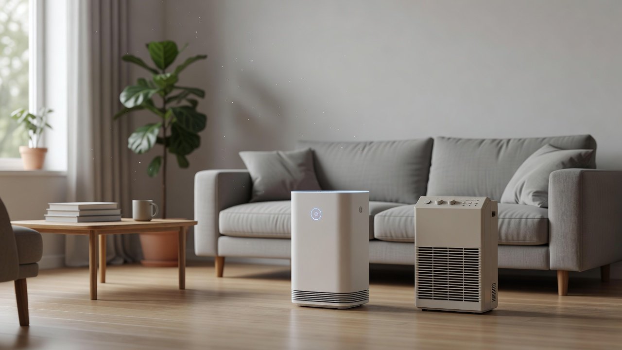 Air purifier in a home interior, air purifiers with app control compared with without app control