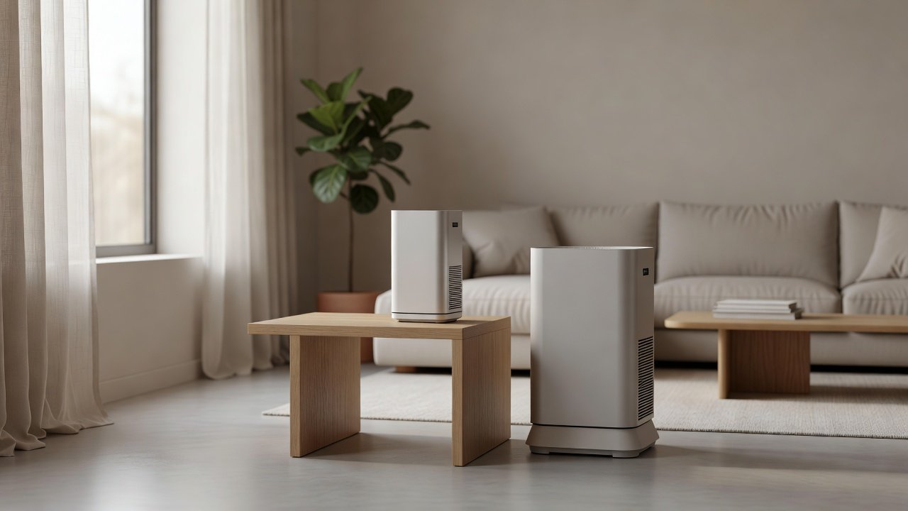 Air purifier in a home interior, air purifiers with compact designs compared with larger models