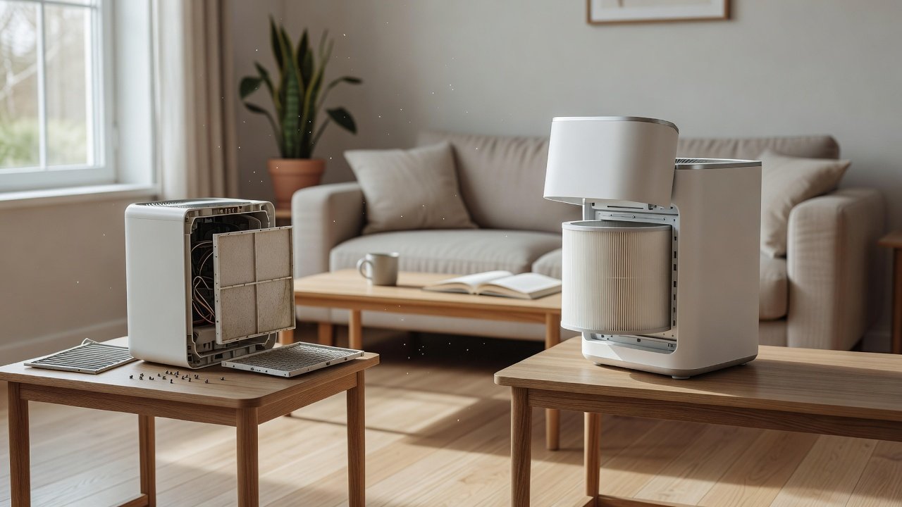 Air purifier in a home interior, air purifiers with easy filter replacement compared with complex replacement