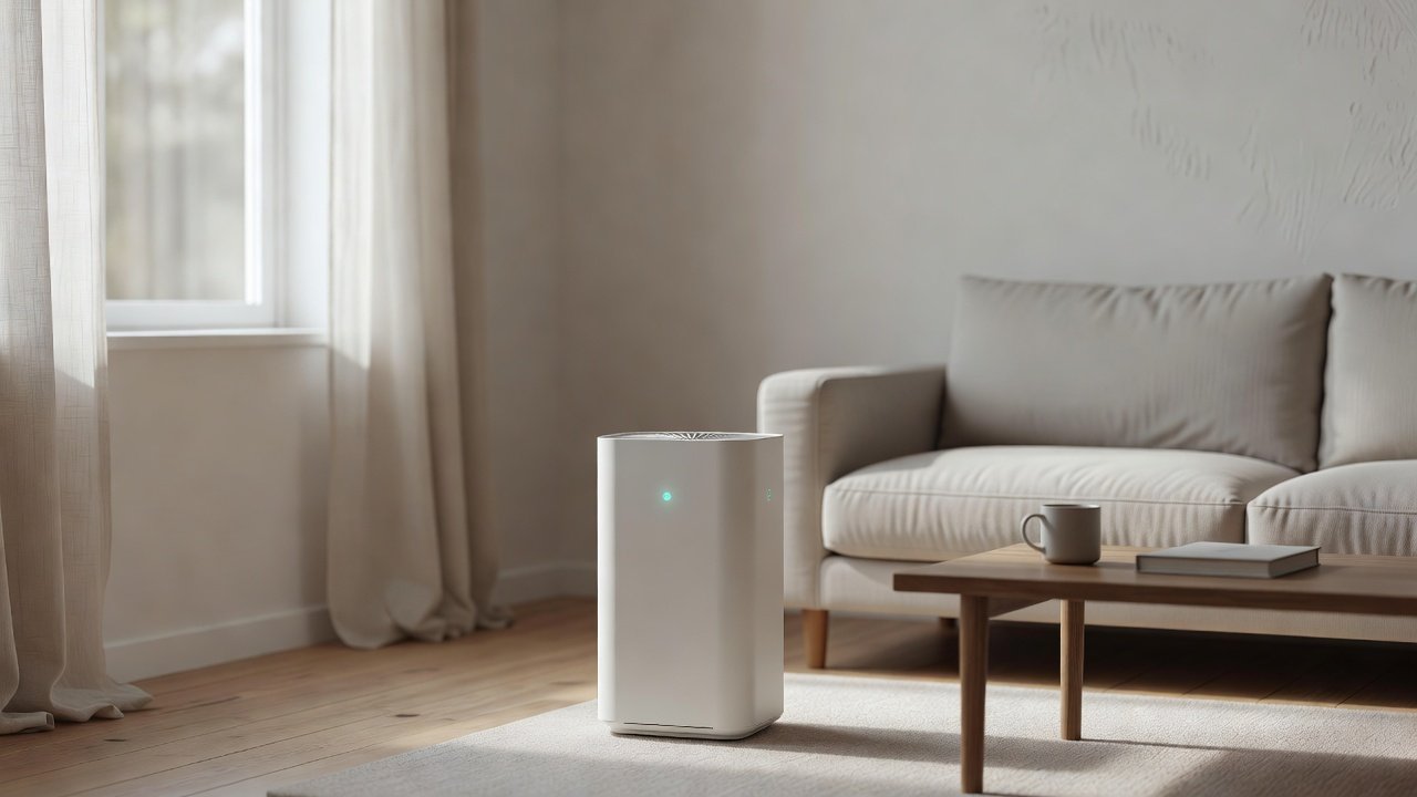 Air purifier in a home interior, air purifiers with eco mode compared with standard mode