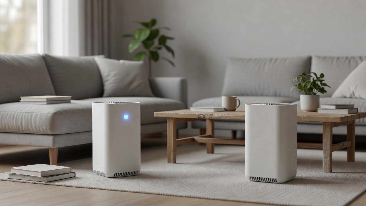 Air purifier in a home interior, air purifiers with filter replacement indicators compared with without indicators