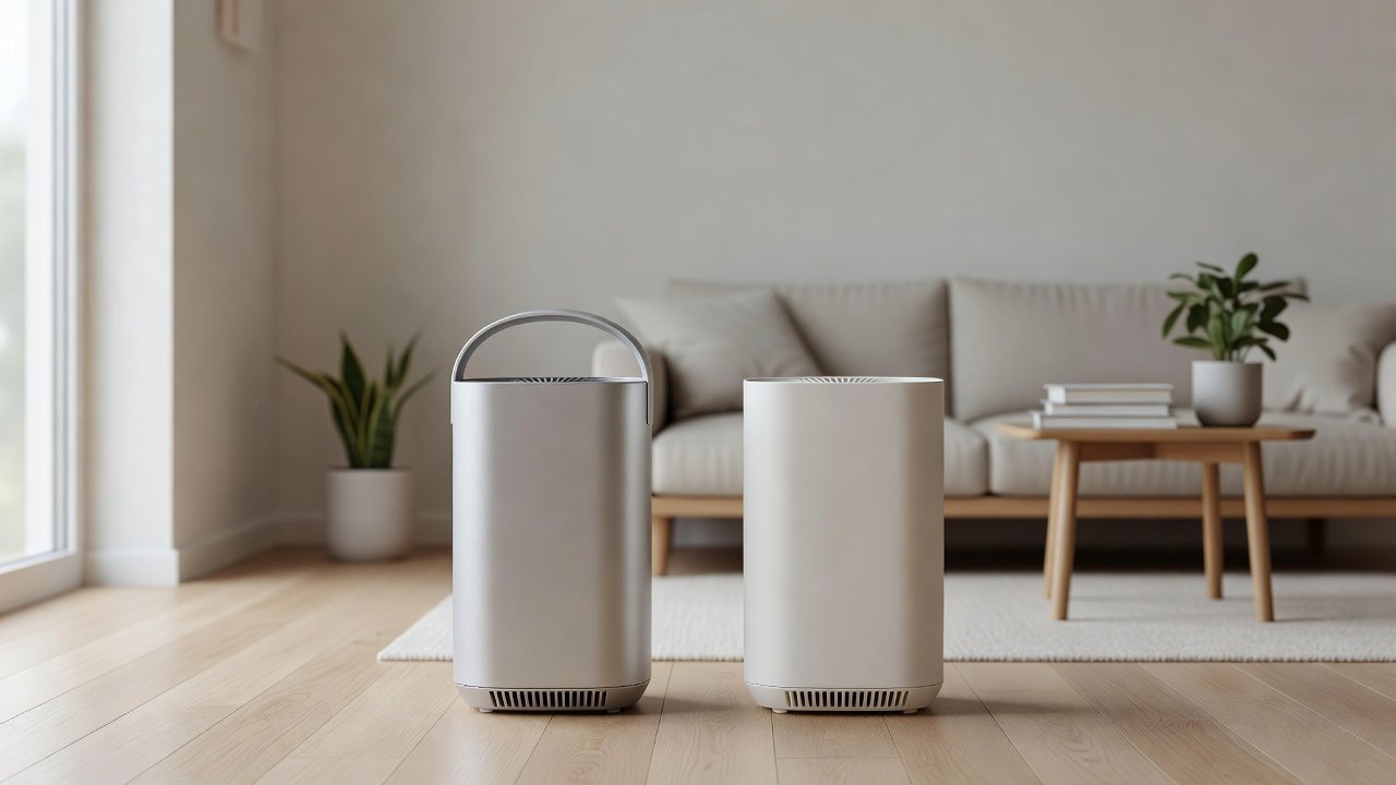 Air purifier in a home interior, air purifiers with handles compared with without handles