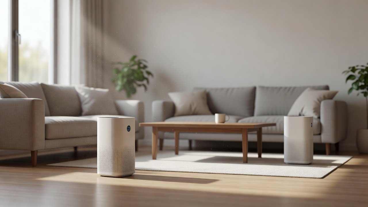 Air purifier in a home interior, air purifiers with high airflow compared with low airflow