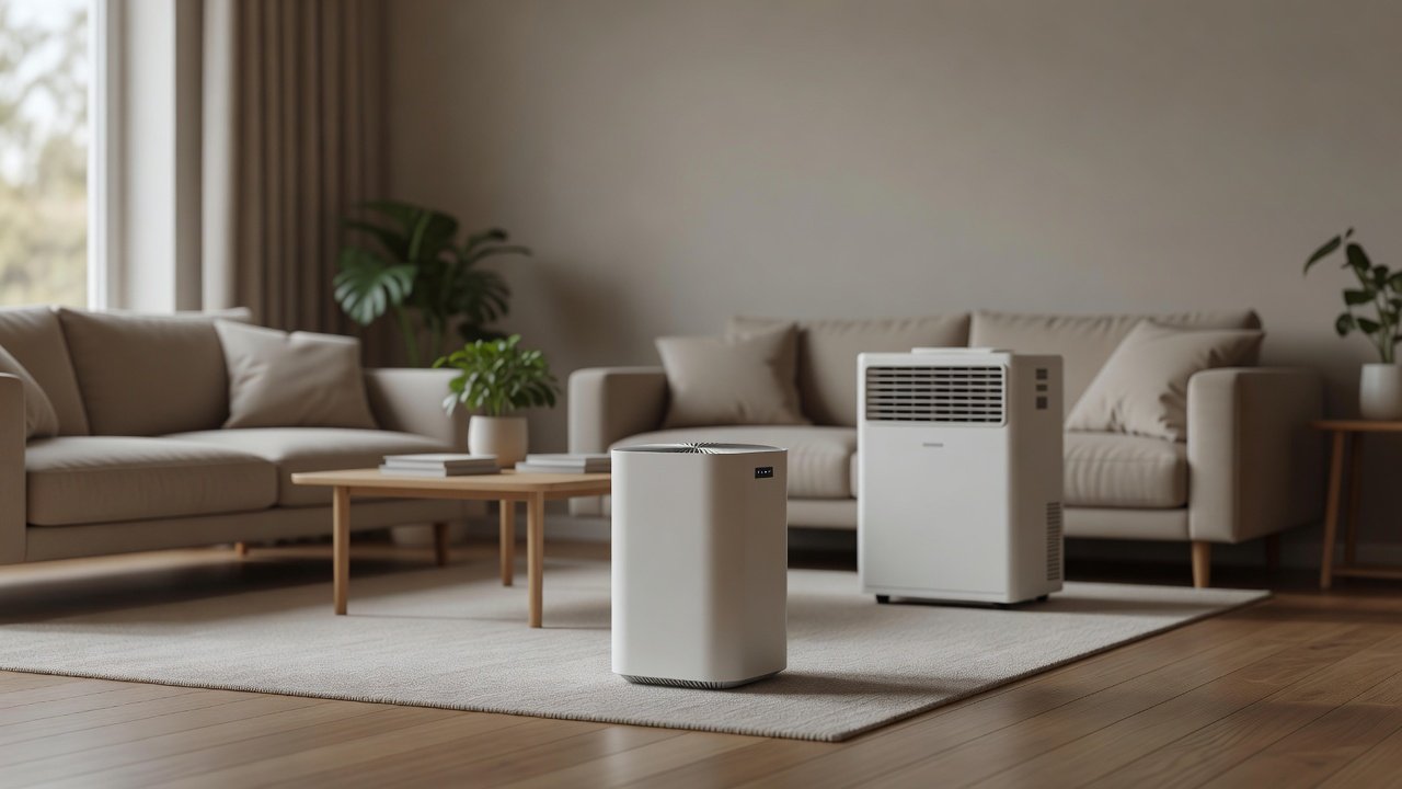 Air purifier in a home interior, air purifiers with hybrid technology compared with traditional technology