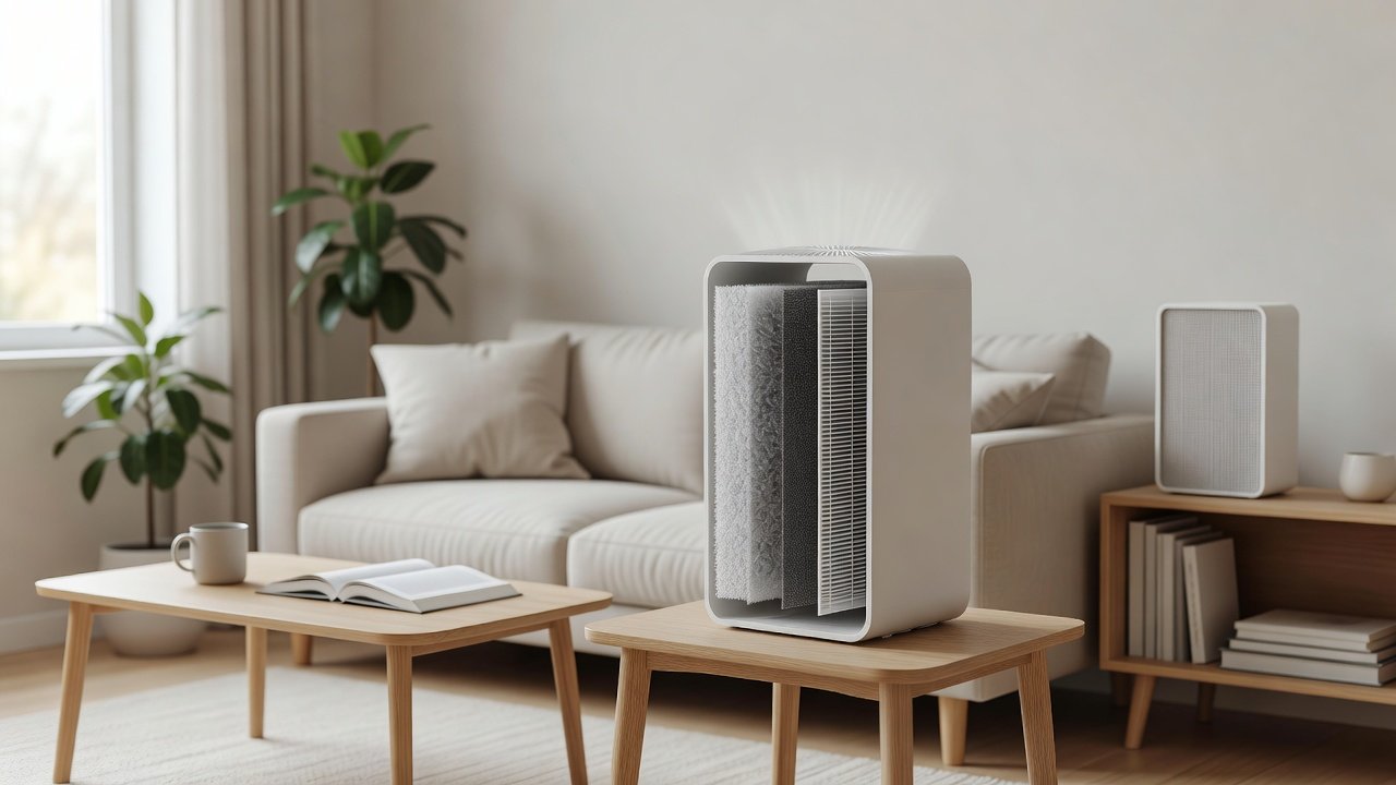 Air purifier in a home interior, air purifiers with multi layer filtration compared with single layer filtration