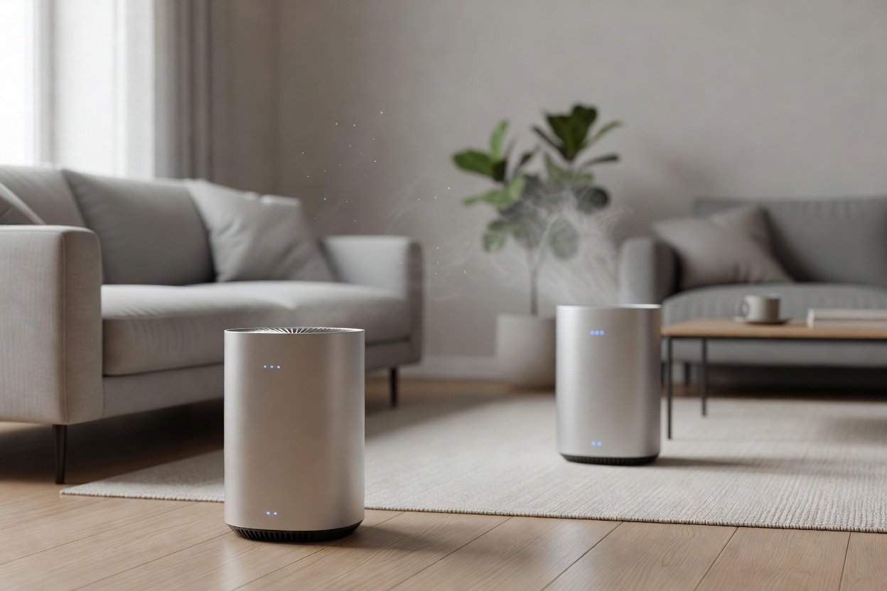 Photo of air purifier fan speed settings from quiet night mode to high in an everyday home setting
