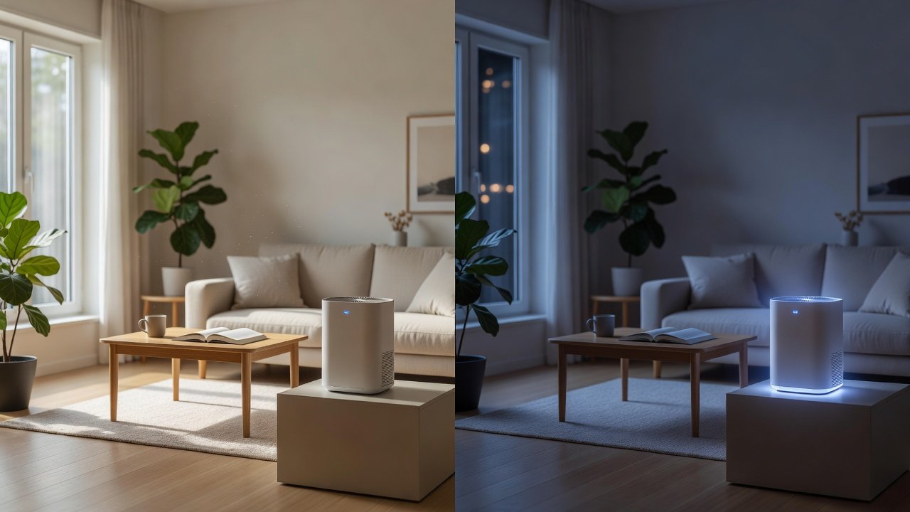 Air purifier in a home interior, air purifiers with night mode compared with daytime mode