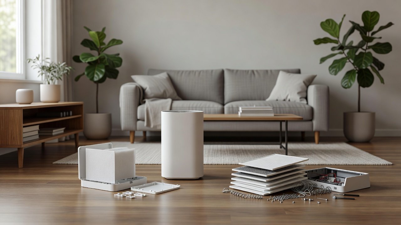 Air purifier in a home interior, air purifiers with quick filter replacement compared with complex filter replacement