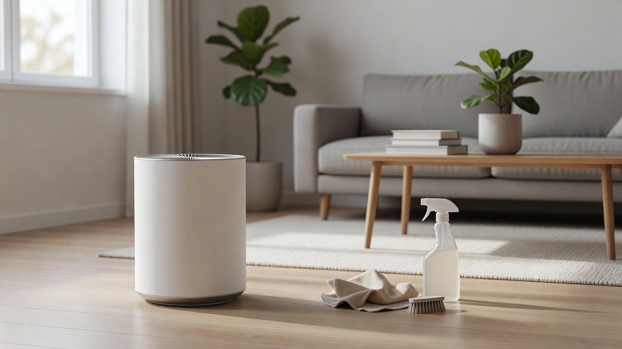 Air purifier in a home interior, air purifiers with self cleaning features compared with manual cleaning