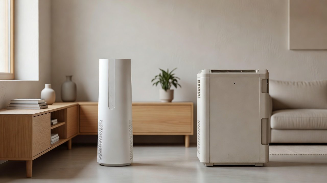 Air purifier in a home interior, air purifiers with sleek designs compared with bulky designs