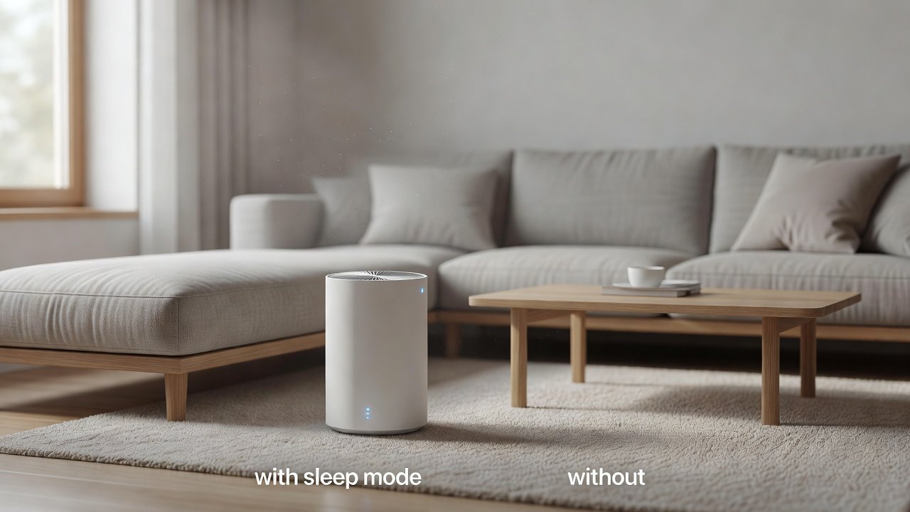 Air purifier in a home interior, air purifiers with sleep mode for energy efficiency compared with without