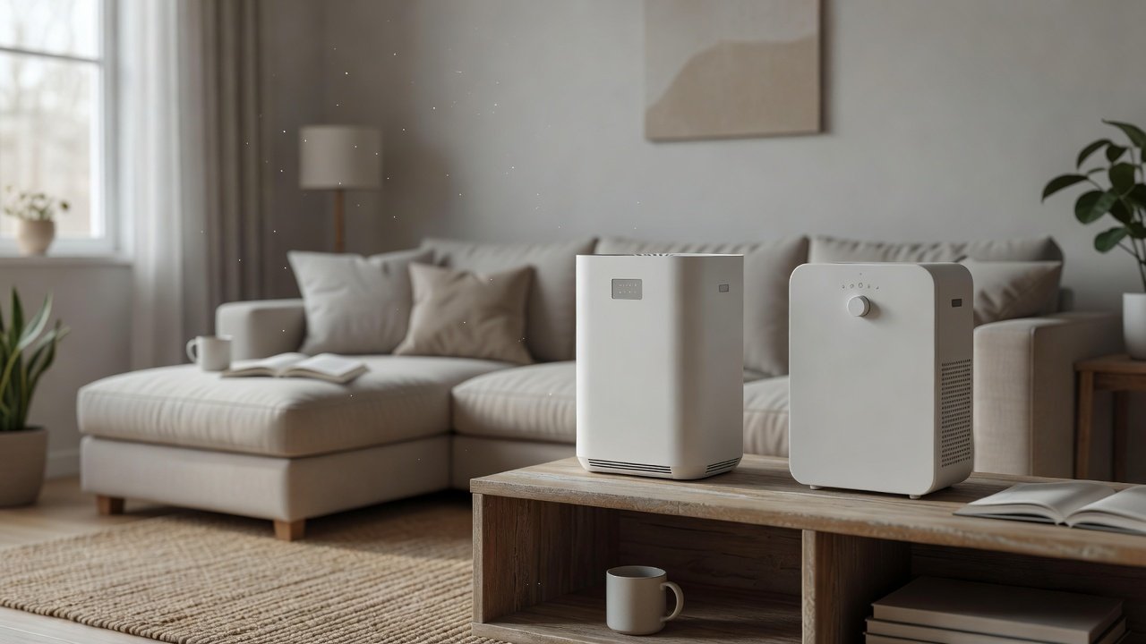 Air purifier in a home interior, air purifiers with timer functions compared with no timer
