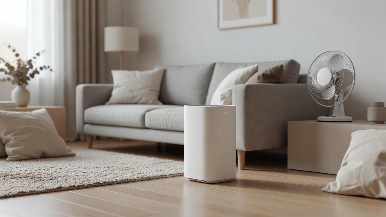 Air purifier in a home interior, air purifiers with whisper quiet fans compared with standard fans
