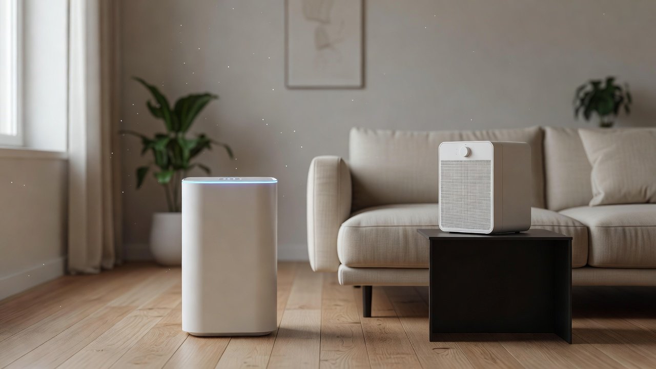 Photo of a smart connected air purifier and a simple air purifier in a living room