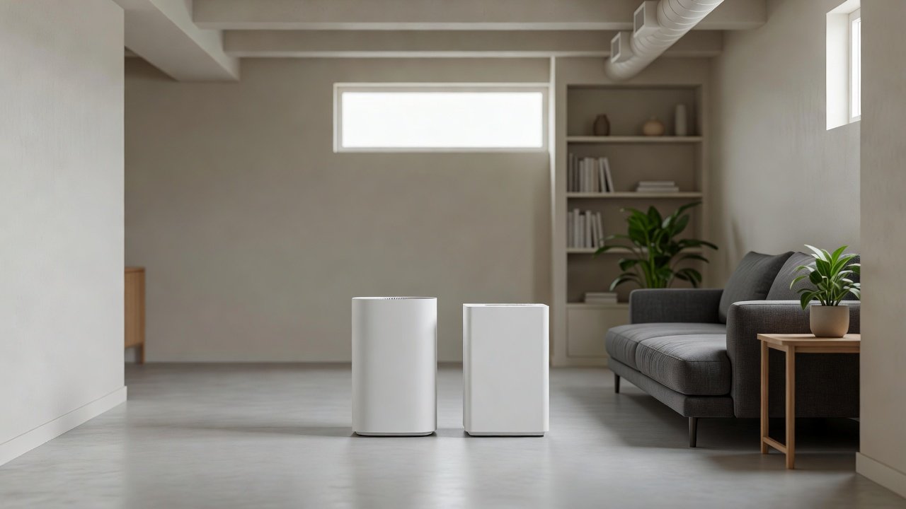 Photo of an air purifier and a dehumidifier in a finished basement