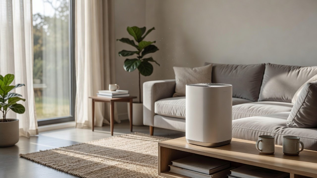 An air purifier in an open-plan living area of a larger home