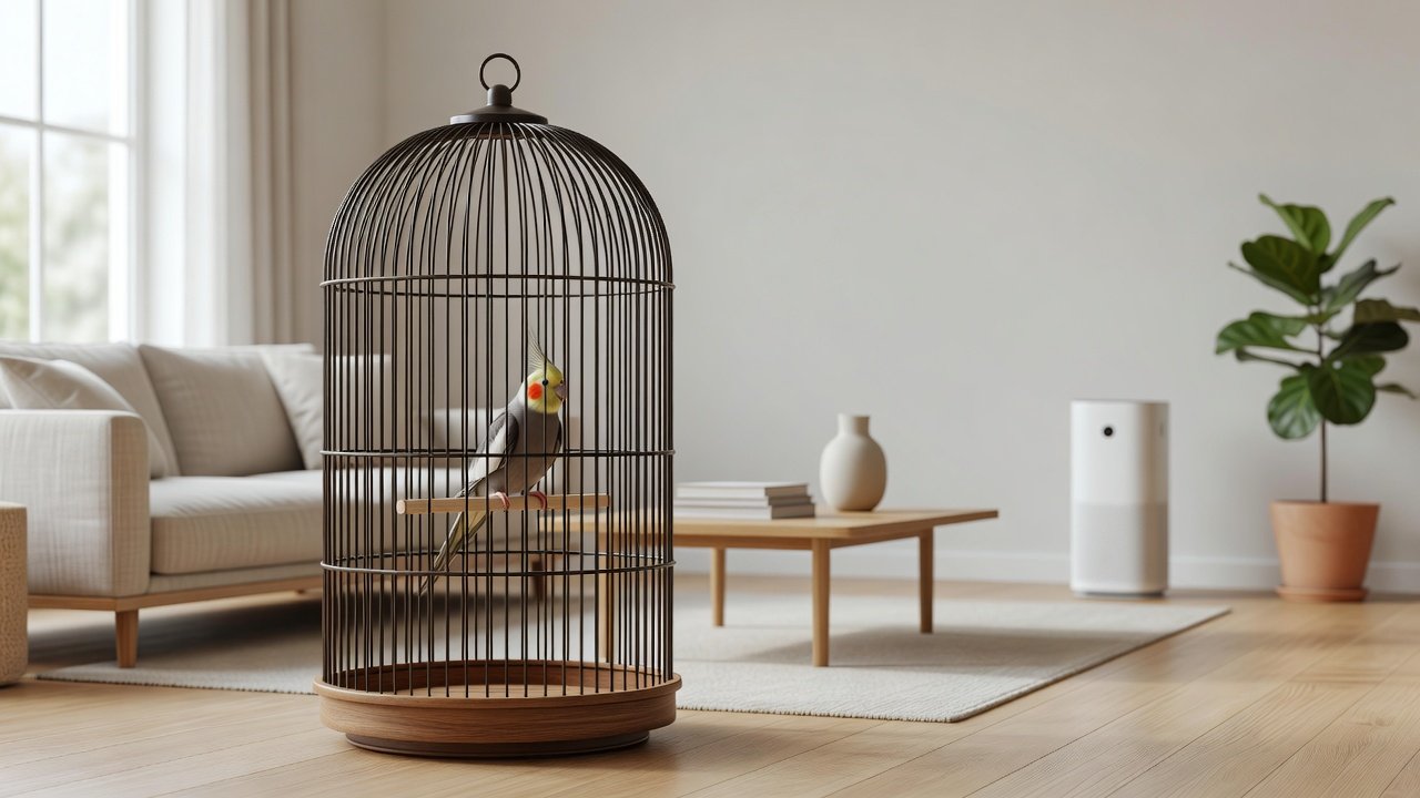 Living room with a pet cockatiel in a cage and an air purifier on the floor