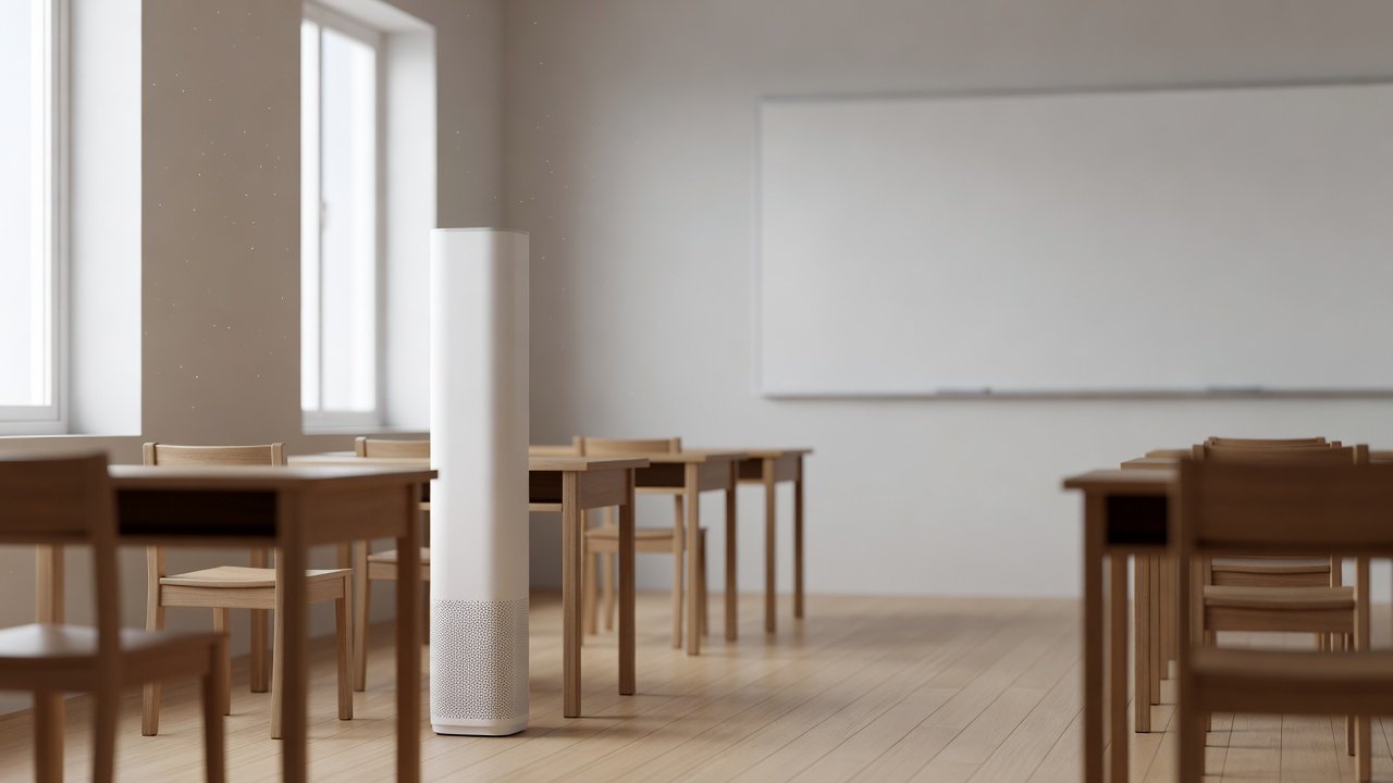 Tall air purifier in the corner of a bright classroom with desks