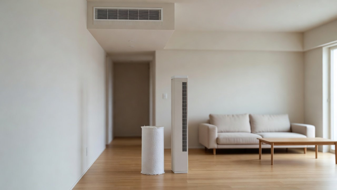 Home air vent and filter next to a tower air purifier in a bright living room