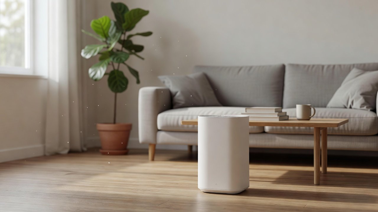 An air purifier in a bright living room beside a sofa