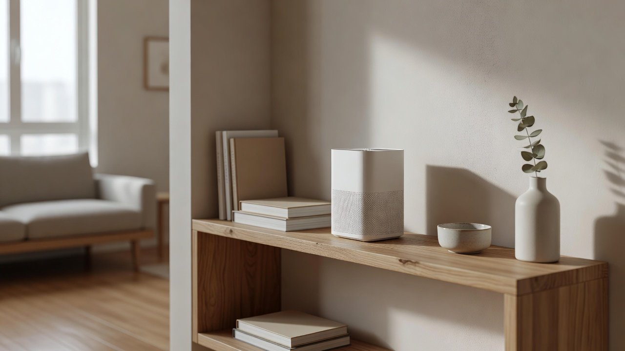 Small compact white air purifier on a wooden shelf in an apartment