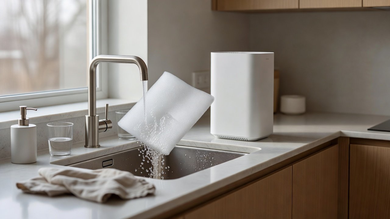 Rinsing a washable foam pre-filter from an air purifier in a kitchen sink